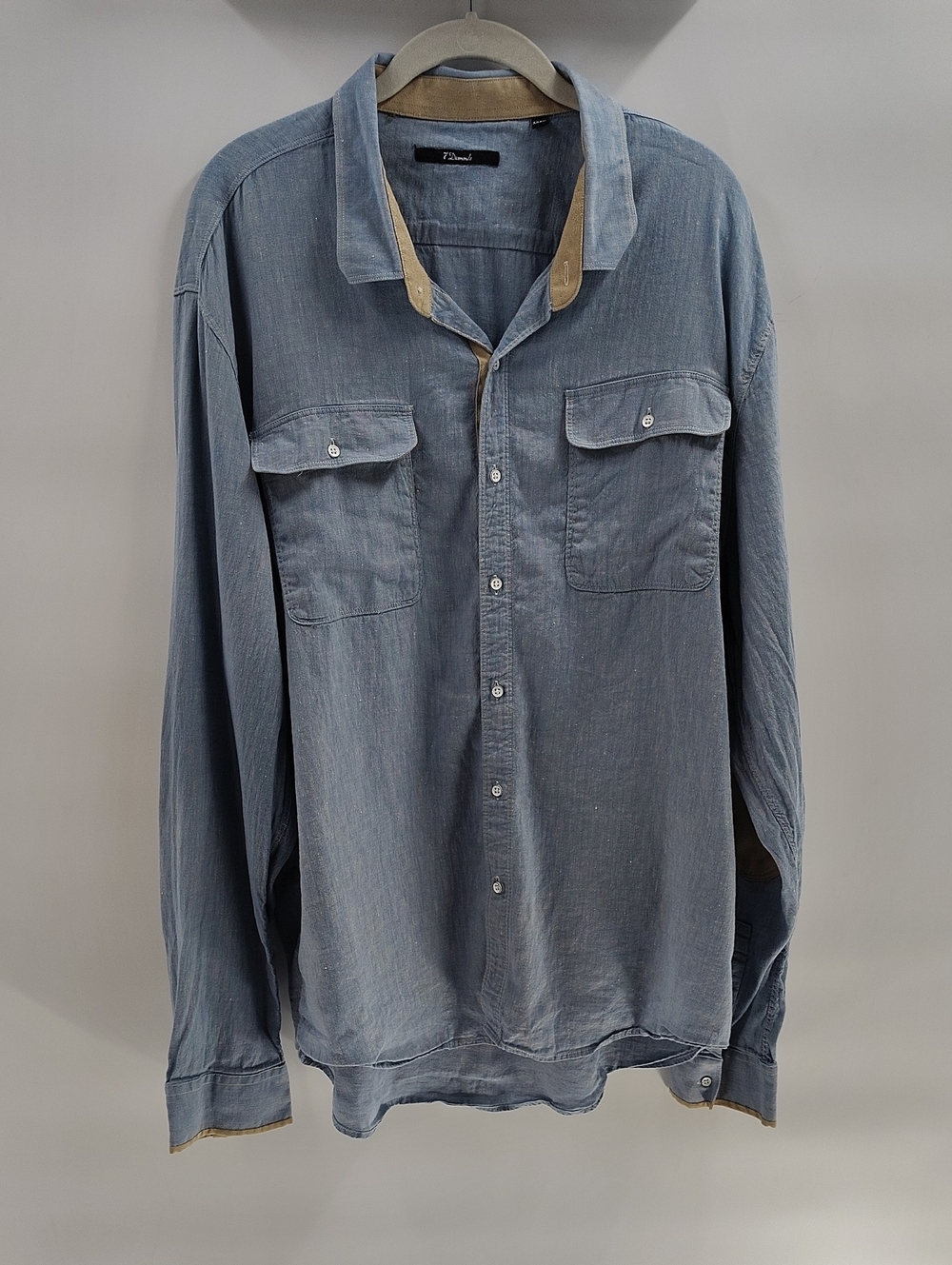 7 Diamonds Mens Button Down XXXL Suede Elbow Patch Linen Cotton Blend Blue